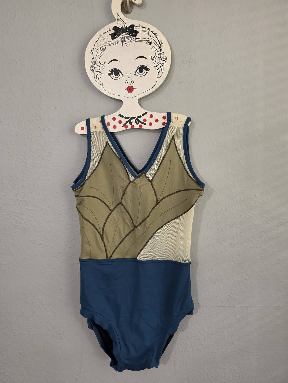 Tiger Friday Blue Beige Green Detail Mesh Back Leotard Bodysuit Size Med